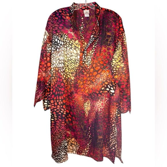 Natori Ladies Blouse Large Red Orange Satin Animal Print Tunic Oversized Relaxed - Picture 11 of 11